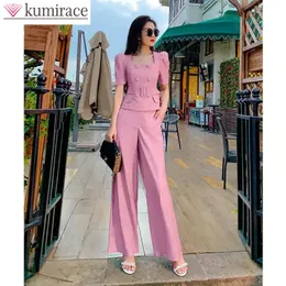 Bältdekorativ kort ärmjacka Blazer Casual Wide Leg Pants Two Piece Elegant Women's Suit Office Outfits Pink Set 240112