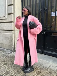 Pembe Yün Harmanlar Kadınlar İçin Uzun Ceket Moda Dönüşü Tam Kollu Tam Kollu Palto Sonbahar Kış Zarif Sıcak Kadın Dış Giyim 240112