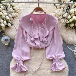 Женские блузки Корейская модная женская блузка с 3D цветами и воланами с v-образным вырезом и лацканами, одинарные рубашки, осенняя возрастная Blusa Drop