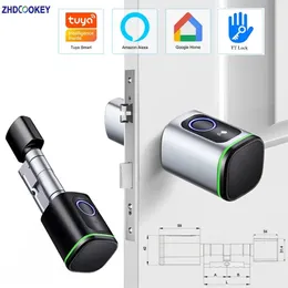 Tuya Bluetooth TTlock App Biometrisk fingeravtryck RFID -kort Euro Cylinderlås Electronic Smart Door Keyless Old Byt ut 240111