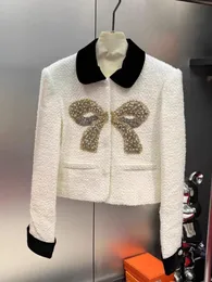 Hochwertige französische Vintage-Tweed-Jacken mit kleinem Duft für Frauen, Herbst-Winter, modischer Bogen-Patchwork-Mantel, Luxus-Outwear 240112
