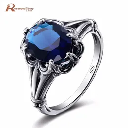 Edward Antique Jewelry Created Sapphire Stone Ring 925 Sterling Silver Women Vintage Hollow Out Graved Flower 240112
