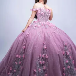 2024 Розовое блестящее платье Quinceanera с открытыми плечами и аппликацией из кружева и бусинами, тюль-платье для выпускного вечера принцессы, вечернее платье для юниоров, платья de 15