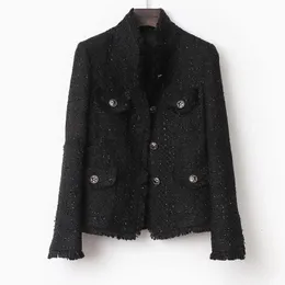 Preto tweed jaqueta feminina primavera outono inverno casaco clássico senhoras 240112