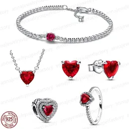 925 Sterling Silber Charms-Armbänder, Designer-Schmuck, fünfteiliges Set aus der Serie Blink Red Heart, Armband, Halskette, Ring, DIY, passend für Pandora, luxuriöses Valentinstagsgeschenk