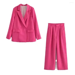 Женские брюки из двух предметов XIKOM, осень 2024, женский офисный женский комплект из двух предметов, двубортный пиджак с однотонными карманами, женское винтажное высокое пальто