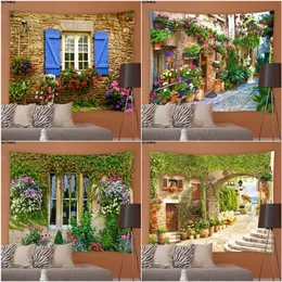 Landschaft Tapisserie Straße Pflanzen Blumen Landschaft Wohnzimmer Schlafzimmer Wandteppiche Hippie Garten Hintergrund Wand Tischdecken Dekor 240111