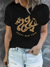 Happy Dragon New Year Print Women T-shirt Casual Crew Neck Short Sleeve Daily Top Women's Clothing Female TopsTees