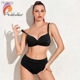 Kobiety stroje kąpielowe Andzhelika solidne bikini w talii Kobiety Szybus kąpielowy seksowny push up Dwuczęściowy garnitur do kąpieli plus rozmiar Biquini YQ240112