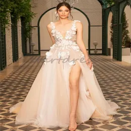 Gorgeous Champagne Bohemian Wedding Dress With 3D Floral Flowers Sexy V Neck A Line Fairy Tale Boho Wedding Dresses 2024 Backless Tulle Country Robe De Mariee Chic