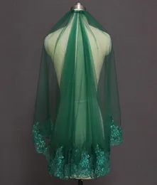 Véus nupciais verde curto véu de casamento muçulmano islâmico uma camada lantejoulas laço com pente 2021 voile mariage noiva5934894