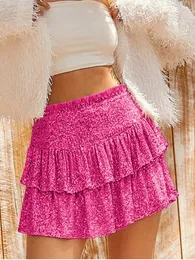 Плиссированная юбка с блестками трапециевидной формы с высокой талией, однотонные мини-юбки, повседневная сексуальная модная уличная одежда, летняя женская Faldas 240112