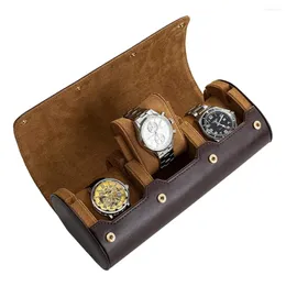 Watch Boxes 3 Slots Roll Travel Case Chic Portable Vintage Leather Display Storage Box Slid In Out Holder Organizer Gift