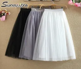 SURMIITRO 3 couches Midi été Tulle jupe femmes 2021 dames décontracté blanc noir taille haute plissé soleil école longue jupe femme 219434374