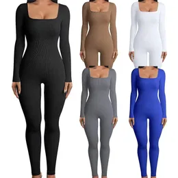 Frauen Overall Solide Sexy Slim Fit Stretchy Skintouch Rippen Stricken Polyester Quadrat Kragen Langarm Weibliche Kleiden 240112