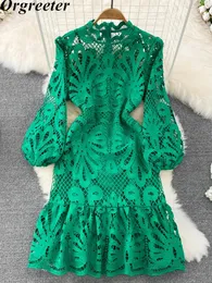 Vintage Hollow out Lace Floral Embroidery Dress For Women Spring Stand collar Puff Sleeve High Waist Mermaid Short Lace Dress 240111