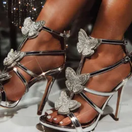 Kadın kelebek kristal sandalet yaz kadınları 2021 zip yüksek topuklu kadın bling pompalar bayanlar slaytlar kadın parti ayakkabıları artı boyutu