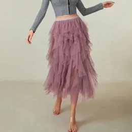 スカート女性用ミニドットプリントミディスカートエラスティックハイウエスト不規則なAラインチュールメッシュ