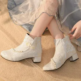 Stövlar Phoentin 2024 Etnisk retro knäppt för kvinnor Vintage Pearl Ankle Boot Qipao Dress Shoes Short Plus Size 44 FT3004