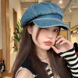 Berets Korean Version Washed Denim Beret Women's Spring Retro Big Head Fashion Versatile Octagonal Sboy Hats Gorras Para Mujer