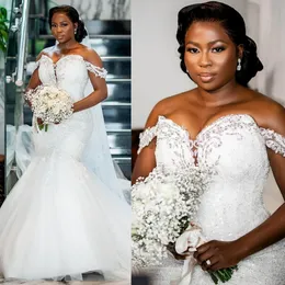 Vestido de noiva estilo sereia para noiva, plus size, decote transparente, ombro de fora, strass, apliques, em camadas, tule, renda, vestidos de casamento para casamento, mulheres negras nigerianas NW013