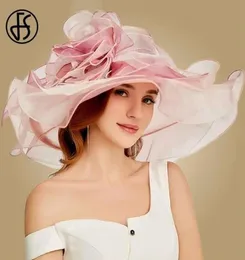 FS Pink Kentucky Derby Hat para mujer Organza Sombreros para el sol Flores Elegante Verano Gran ala ancha Señoras Boda Iglesia Fedoras T2006022327443