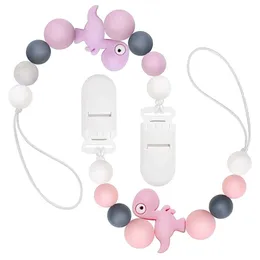 Schnuller-Clips-Halter, 2 Stück, Schnulleretui, Silikon-Perlenband, Zahnen, Erleichterung, Beißring, Spielzeug für Babys, Jungen, Mädchen, Neugeborene (rosa Dinosaurier)