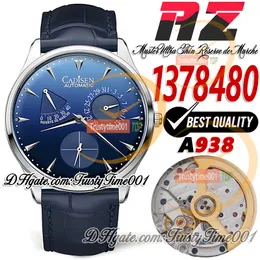 AZF Master Ultra cienki 1378480 CAL.938 Automatyczne 39 mm męskie zegarek Reserve Reserve Data Niebieska tarcza ze stali nierdzewnej Skórzane paski Super Edition Trustime001 zegarki