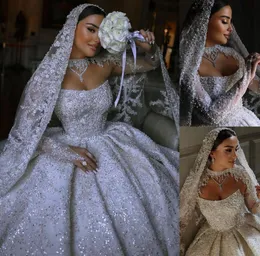 Gorgeous Ball Gown Wedding Dresses Long Sleeves High Collar Bridal Gown Slim Fit Pearls Sequins Sweep Train Dress Custom Made