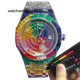 Luxo Diamond Designer Rainbow Big Stones Square Moissanite Watch PASS TEST Mens Diamonds Top Quality Movimento Mecânico Full Iced Out Sapphire Personalizado