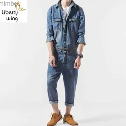 Мужские джинсы в японском стиле, винтажные повседневные джинсовые комбинезоны, мужские весенне-осенние тонкие джинсовые куртка и брюки, комплект из 2 предметов, съемный комбинезон HarajukuL240111