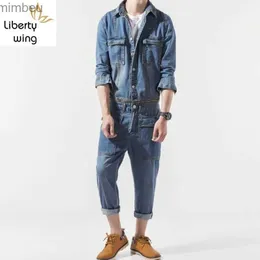 Jeans masculinos japão estilo vintage casual denim macacão homens primavera outono magro jaqueta jeans e calças 2 peças conjunto destacável harajuku macacãol240111