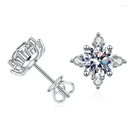 Stud Earrings S925 Pure Silver Ear Studs Female Mosang Diamond Four Claw Octagon Star D Color 1 Carat