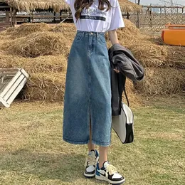 Fashion Women Denim Skirts Summer High Waist Side Slit Jean MidCalf Skirt Female Solid Color Casual A Line Bottoms 240112