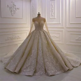 Çarpıcı 2024 lüks balo elbisesi gelinlik uzun kollu mücevher boyun boncukları dantel arapça düğün gelinlik kristal özel yapılmış