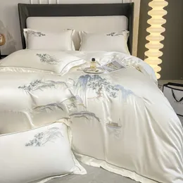 Kinesisk stil landskap broderi lyxiga sängkläder set slät täcke täcke mjukt täcke lakan kuddar 240112