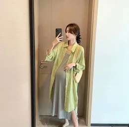 Estilo coreano maternidade chiffon camisas longo solto colarinho botão voar irregular mulher grávida blusas roupas casuais 240111