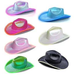 Holografisk eltråd ledande blinkande ljus upp cowboy hattar neon glittrande glitter utrymme cowgirl hatt fluorescerande luminösa hattar för halloween kostymfesttillbehör