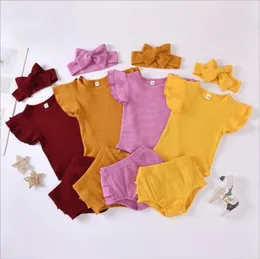 女の赤ちゃんの服の子供たちの夏のフライスリーブロンパーズブルマーヘッドバンド衣類セット綿ソリッドジャンプスーツパンティーブリーフヘアバンドS5963828
