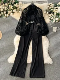 Alta qualidade preto laço bordado arco colarinho magro macacão feminino outono branco elegante manga longa perna larga bodysuit calça francês 240112