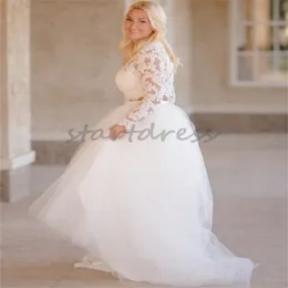 Fancy Two Piece Plus Size Wedding Dress Top Lace Long Sleeve Boho Garden Wedding Gowns A Line Floor Length Tulle Country Bride Dress 2024 Elegant Robe De Mariage Female