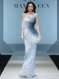 Robes de soirée 18024 # Mousseux Mer Bleu Ciel Étoilé Sirène Conception Robe De Bal Unique Fan Tulle Perlé Robe De Cocktail De Soirée Pour Les Femmes 2024