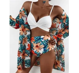 Sexy Three Pieces Bikini Set Cover Up Swimwear Women Swimsuit Print Long Sleeve Bathing Suit Beachwear Swimming Biquini 2202219486998