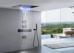 Mattschwarzes Wasserfall-Thermostat-LED-Regenduschsystem, 14 x 20 Zoll, rechteckig, luxuriöser Badezimmer-Mischbatterie mit Deckenmontage, Se4383041