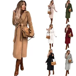 2024 Autumn and Winter Women's Clothing Solid Color Polo Neck Long sleeved Wool Coat Simple Lace Trench Coat 240112