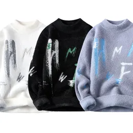 SWEATER Koreańska wersja mężczyzn z długim rękawem swetry/mężczyzna Slim Fit Letter Printing Casual Pullover Man Harajuku Winter Hoodie 240111