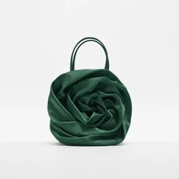 2023 Summer Brand Design Silk Pleated Flower Handbag Women Red Round Evening Bag Wedding Party Clutches Luxury Female 240111