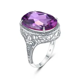 Ring Women Silver 925 Amethyst ring Real Sterling Silve Prong 설정 타원형 보석 여성 웨딩 패션 Jewely 240112