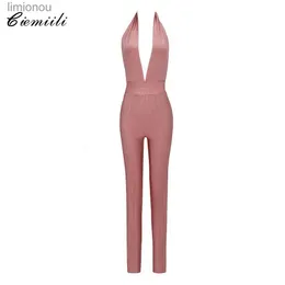 Kvinnors jumpsuits Rompers Ciemiili Deep V Neck Fashion Celebrity Bandage Solid Rompers 2022 Ladies New Fashion Full Längd Mager Summer Backless Jumpsuitl240111