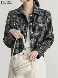 Zanzea vintage tweed płaszcze przycięte kurtki koreańskie moda jesienna lapel szczupłowy biuro dama samotna odzież wierzchnia piersi 240112